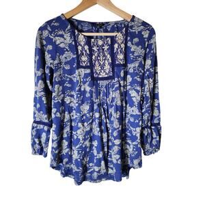 LUCKY BRAND Blue White Floral Hippie Boho Lace Top Girls SZ XL